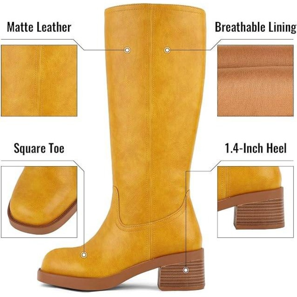 8=Womens Square Toe Knee High Block Heel Gogo Boots Yellow Platform Size 8 - Picture 4 of 5